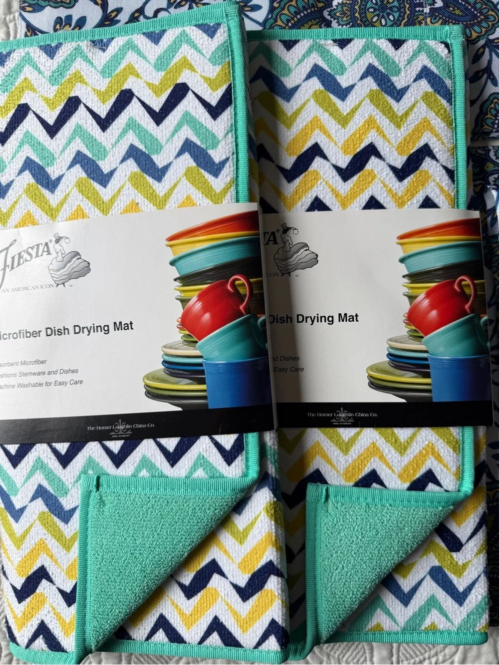 6 pc set Fiesta Chevron & Paisley Kitchen Linen Set in Teal, Yellow, Navy, White